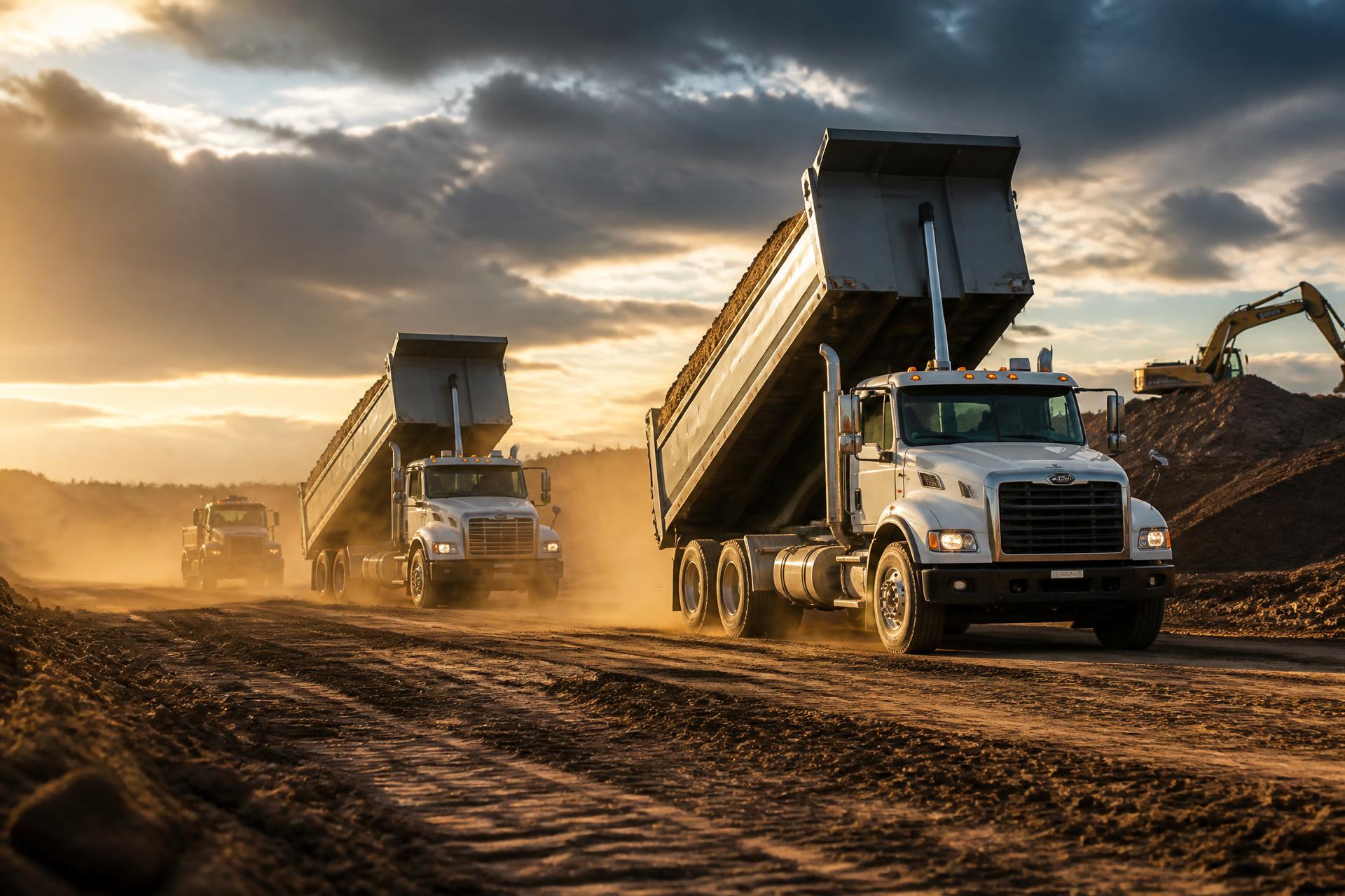 Dump trucks hauling dirt on a construction site